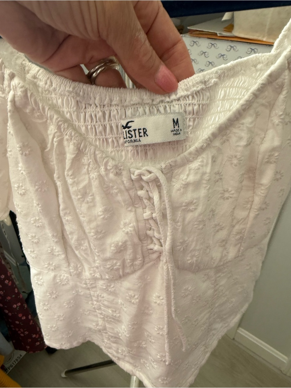 Hollister White Lace-Up Embroidered Peasant Blouse